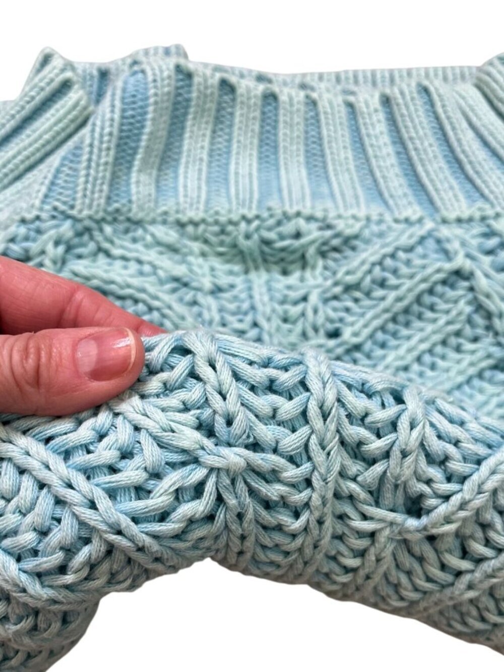 Free People Sweetheart Sweater Aqua Blue Chunky Cotton Knit Large Cozy Textured - Picture 6 of 7